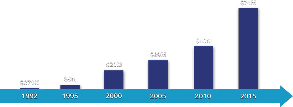 Chart showing revenue totals during a given year from 1993 to 2015
