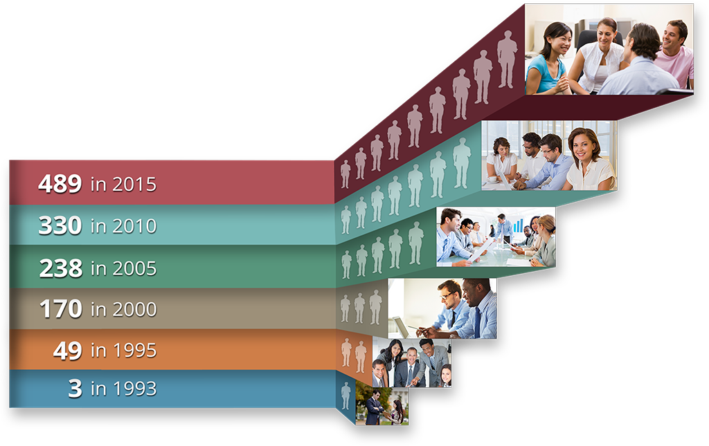 Chart showing employee totals from 1993 to 2015